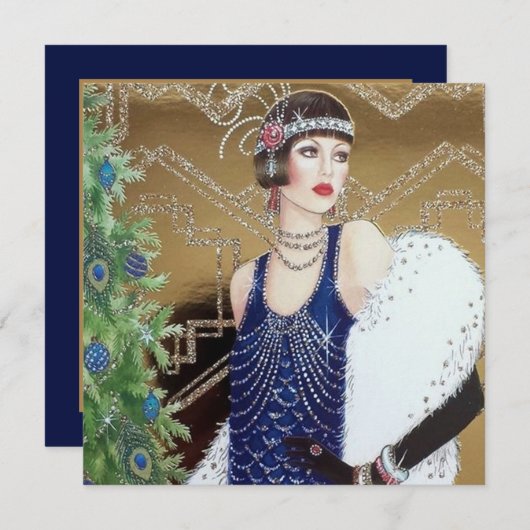 art deco retro vintage kerstdame feestdagenkaart (Voorkant / Achterkant)