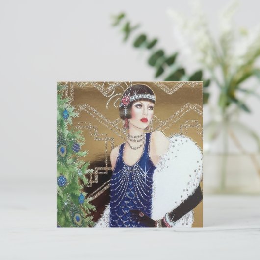 art deco retro vintage kerstdame feestdagenkaart (Staand voorkant)