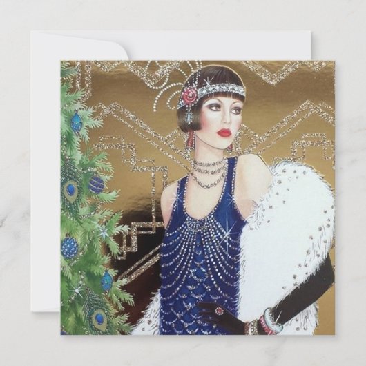 art deco retro vintage kerstdame feestdagenkaart (Voorkant)