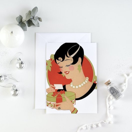 art deco retro vintage kerstdame Holiday Feestdagen Kaart