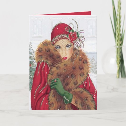 Art Deco Retro vintage kerstdame Kaart (Voorkant)