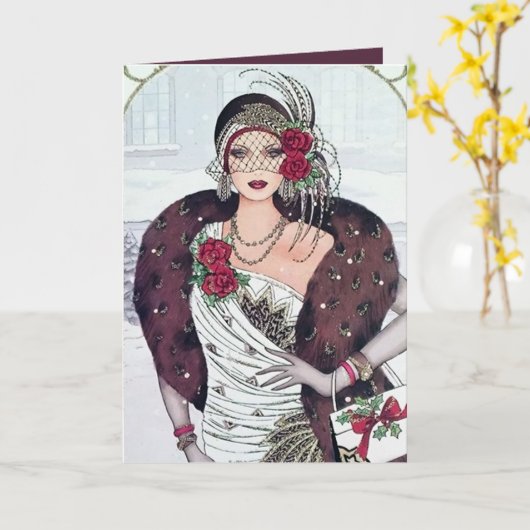 Art Deco Retro vintage kerstdame Kaart (Gele Bloem)