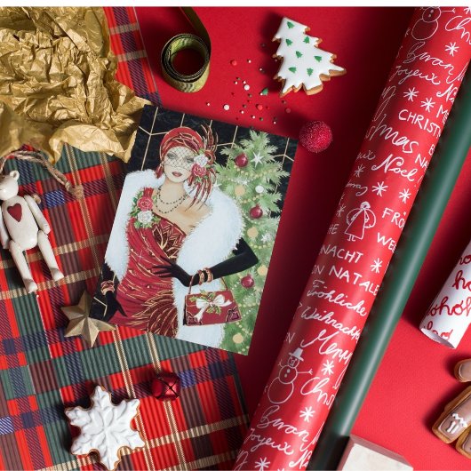 Art Deco retro vintage kerstdame Notitiekaartje