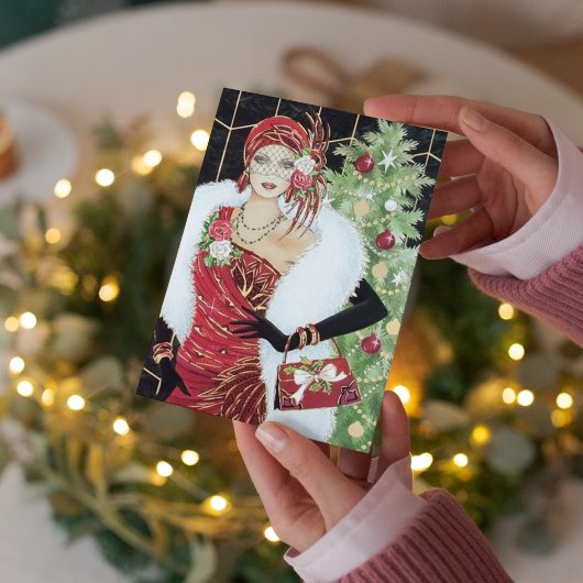 Art Deco retro vintage kerstdame Notitiekaartje
