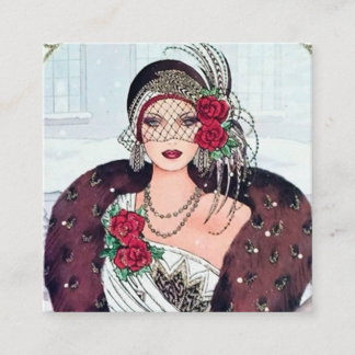 art deco retro vintage kerstdame vierkante visitekaartje