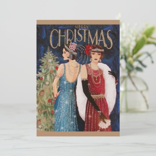 Art deco retro vintage kerstdames kaart (Staand voorkant)