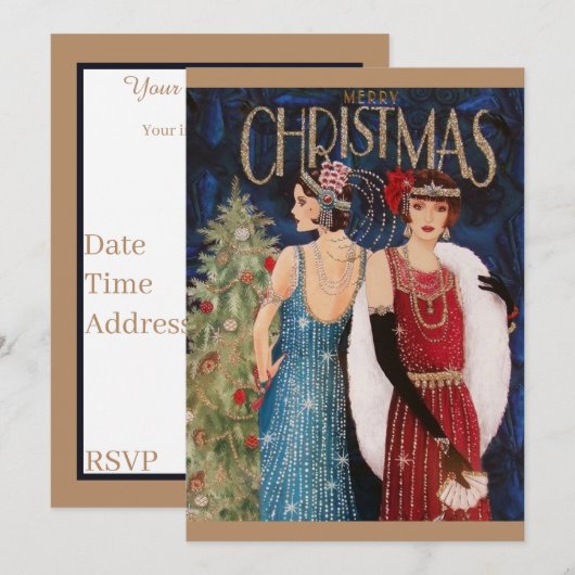 Art deco retro vintage kerstdames kaart (Voorkant / Achterkant)