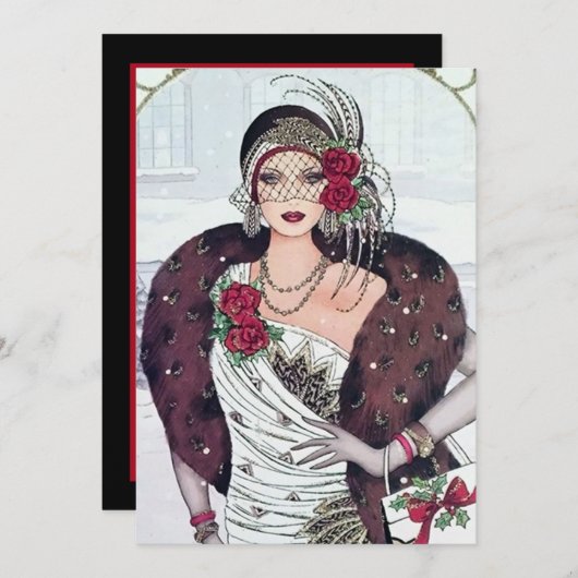 Art deco retro vintage kerstfeest dame kaart (Voorkant / Achterkant)