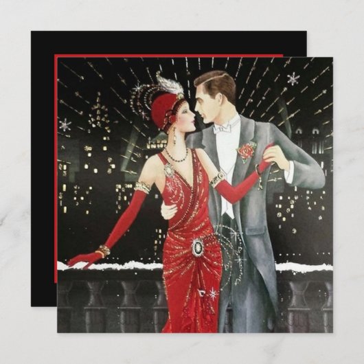 art deco retro vintage kerstparen feestdagenkaart (Voorkant / Achterkant)