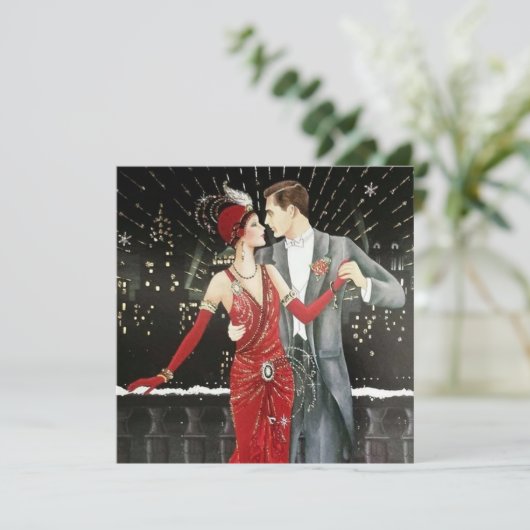 art deco retro vintage kerstparen feestdagenkaart (Staand voorkant)