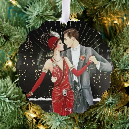 Art Deco retro vintage kerstparen Ornament Kaart (Insitu (Drie))