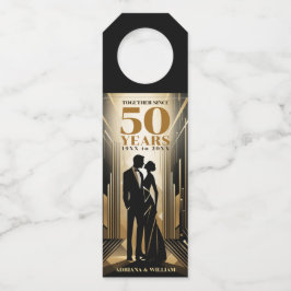 Art Deco Retro Zwart & Goud Bruiloft Jubileum Flessenhanger