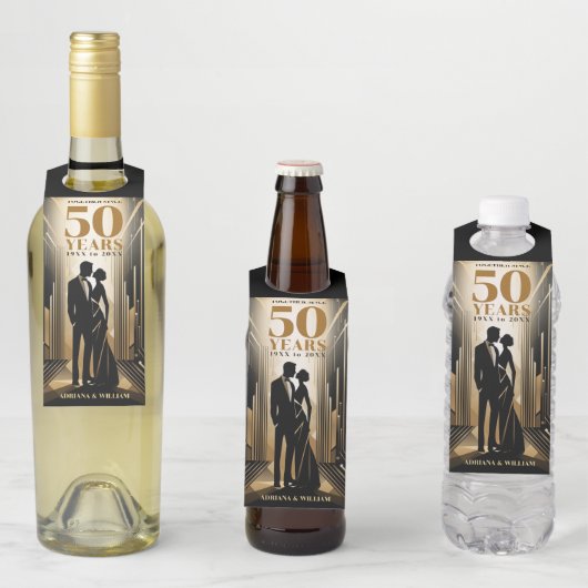 Art Deco Retro Zwart & Goud Bruiloft Jubileum Flessenhanger (In situ)