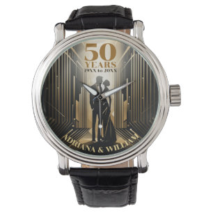 Art Deco Retro Zwart & Goud Bruiloft Jubileum Horloge
