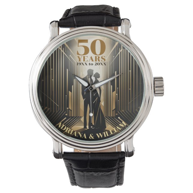Art Deco Retro Zwart & Goud Bruiloft Jubileum Horloge (Voorkant)