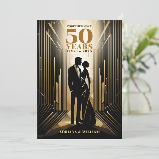 Art Deco Retro Zwart & Goud Bruiloft Jubileum Kaart (Staand voorkant)
