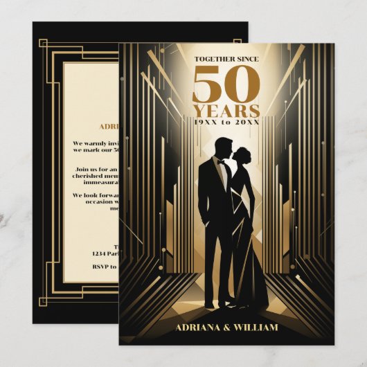 Art Deco Retro Zwart & Goud Bruiloft Jubileum Kaart (Voorkant / Achterkant)