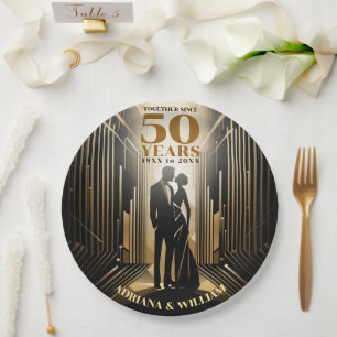 Art Deco Retro Zwart & Goud Bruiloft Jubileum Papieren Bordje