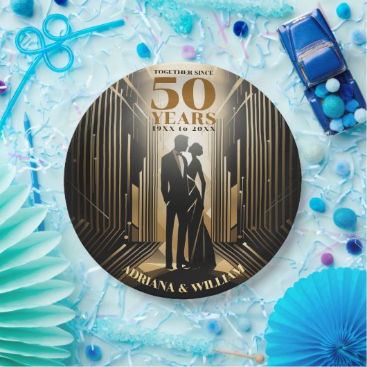 Art Deco Retro Zwart & Goud Bruiloft Jubileum Papieren Bordje (Feest)