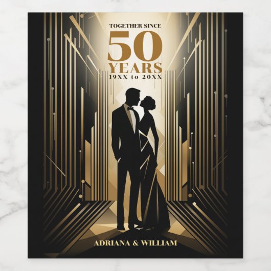 Art Deco Retro Zwart & Goud Bruiloft Jubileum Wijn Etiket (Enkel label)