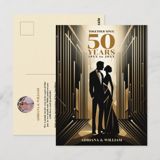 Art Deco Retro Zwart & Goud Huwelijksjubileum Briefkaart (Voorkant / Achterkant)