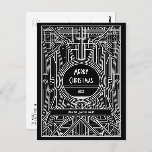 Art deco retro zwart-wit Vrolijk kerstfeest Briefkaart (Voorkant / Achterkant)