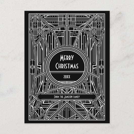 Art deco retro zwart-wit Vrolijk kerstfeest Briefkaart (Voorkant)