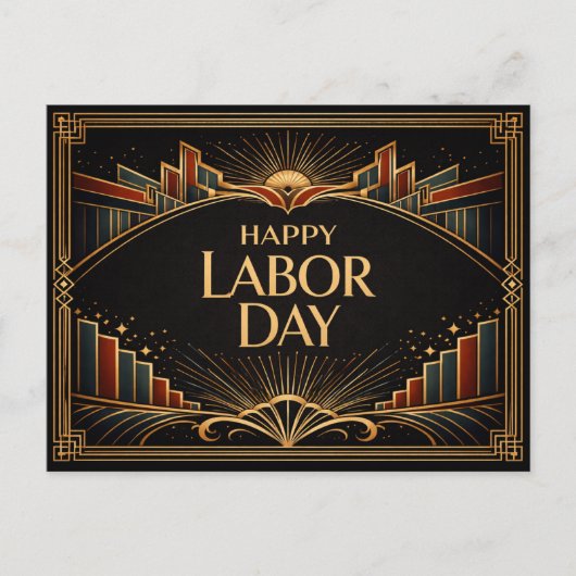 Art Deco Rising City Happy Labor Day Feestdagenkaart (Voorkant)