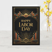 Art Deco Rising City Happy Labor Day Kaart (Gele Bloem)