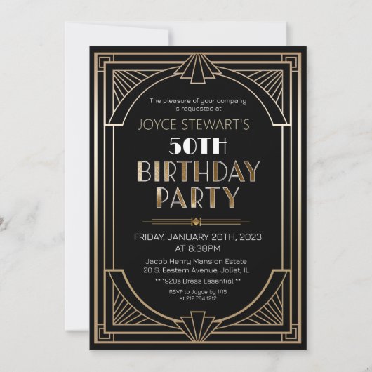 Art Deco Roaring 20s Birthday Uitnodiging (Voorkant)