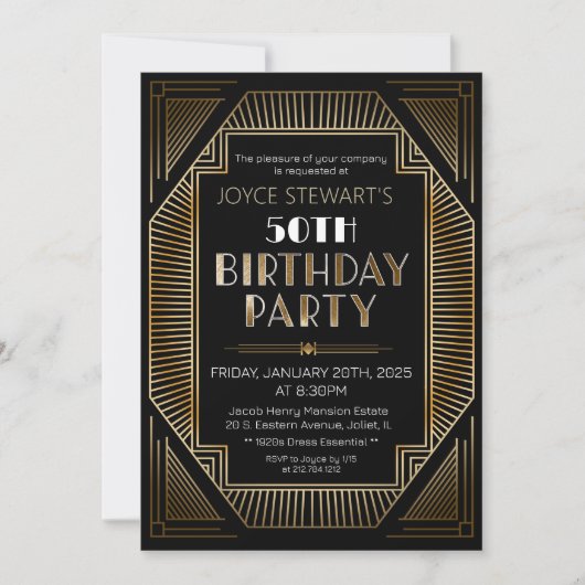 Art Deco Roaring 20s Birthday Uitnodiging (Voorkant)