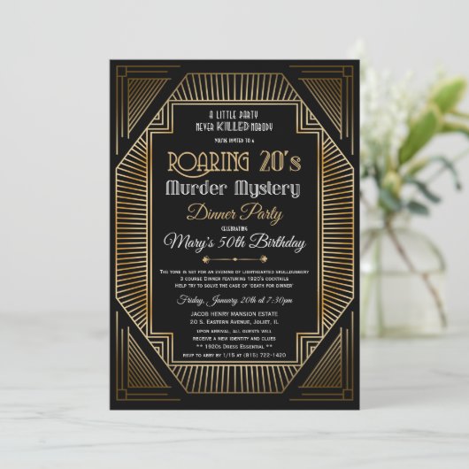Art Deco Roaring 20s Birthday Uitnodiging (Staand voorkant)