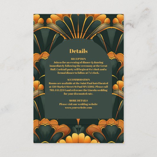 Art Deco Roaring 20s bruiloft Informatiekaartje (Voorkant)