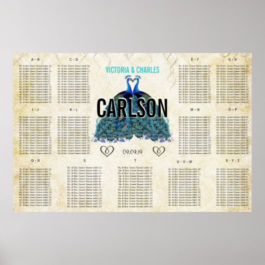 Art Deco Roaring 20s Gatsby Peacock Seating Chart Poster (Voorkant)