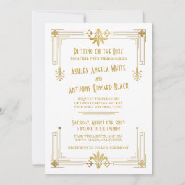 Art Deco Roaring 20s Gold White Wedding Invitation Kaart