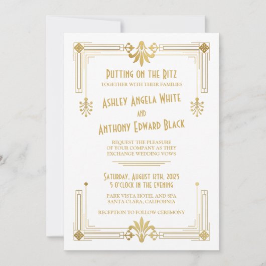 Art Deco Roaring 20s Gold White Wedding Invitation Kaart (Voorkant)