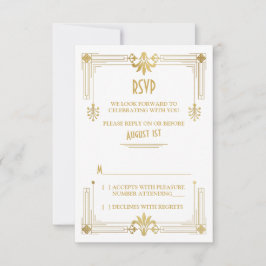 Art Deco Roaring 20s Gold White Wedding RSVP Kaart