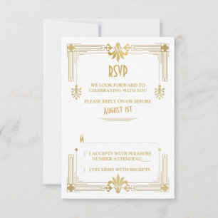 Art Deco Roaring 20s Gold White Wedding RSVP Kaart