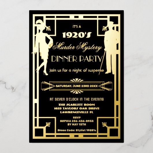 Art Deco Roaring 20s Murder Mystery Party Echt Folie Uitnodiging (Voorkant)