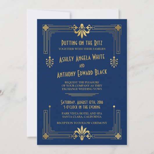 Art Deco Roaring 20s Navy Gold Wedding Invitation Kaart (Voorkant)