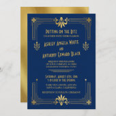 Art Deco Roaring 20s Navy Gold Wedding Invitation Kaart (Voorkant / Achterkant)