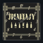 Art deco roaring 20's speakeasy prohibition  vierkante klok<br><div class="desc">An art deco design wine label that says speakeasy and decorated with liquor bottles. A design that defines the roaring 1920's. Done in black and gold. Numbers are optional.</div>