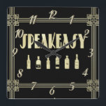 Art deco roaring 20's speakeasy prohibition  vierkante klok<br><div class="desc">An art deco design wine label that says speakeasy and decorated with liquor bottles. A design that defines the roaring 1920's. Done in black and gold. Numbers are optional.</div>
