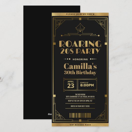 Art Deco Roaring 20s Ticket Uitnodiging (Voorkant / Achterkant)