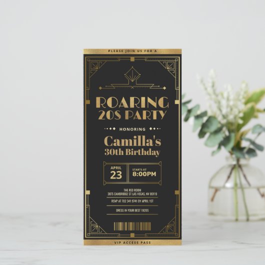 Art Deco Roaring 20s Ticket Uitnodiging (Staand voorkant)