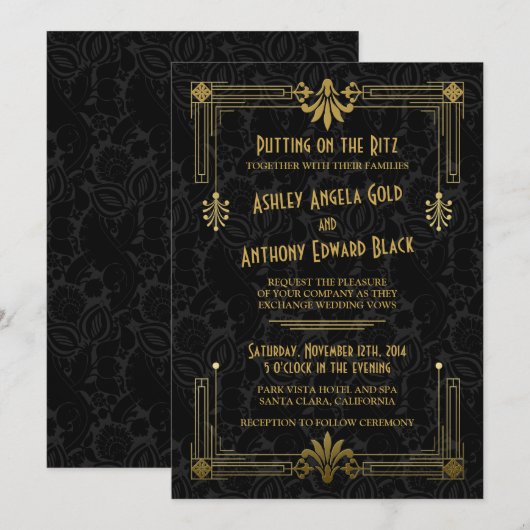 Art Deco Roaring 20s - Uitnodiging voor gouden wed (Voorkant / Achterkant)