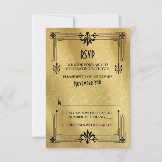 Art Deco Roaring 20s Zwart Goud Bruiloft RSVP Kaar (Voorkant)