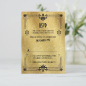 Art Deco Roaring 20s Zwart Goud Bruiloft RSVP Kaar (Staand voorkant)
