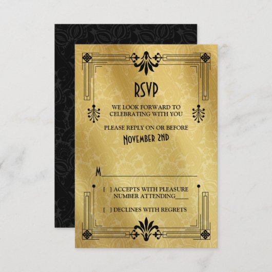 Art Deco Roaring 20s Zwart Goud Bruiloft RSVP Kaar (Voorkant / Achterkant)