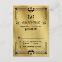 Art Deco Roaring 20s Zwart Goud Bruiloft RSVP Kaar